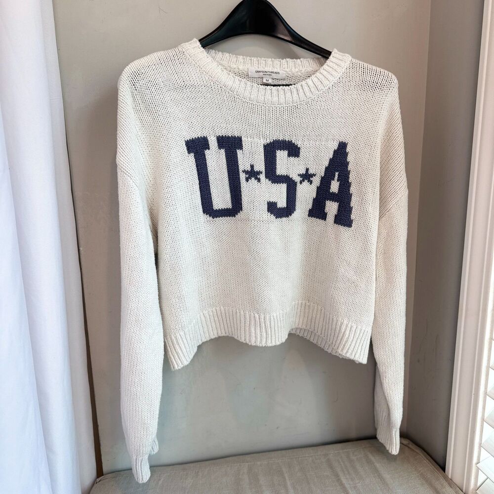 Grayson Threads USA Sweater Womens M Cotton Acrylic Navy White Short Sleeve